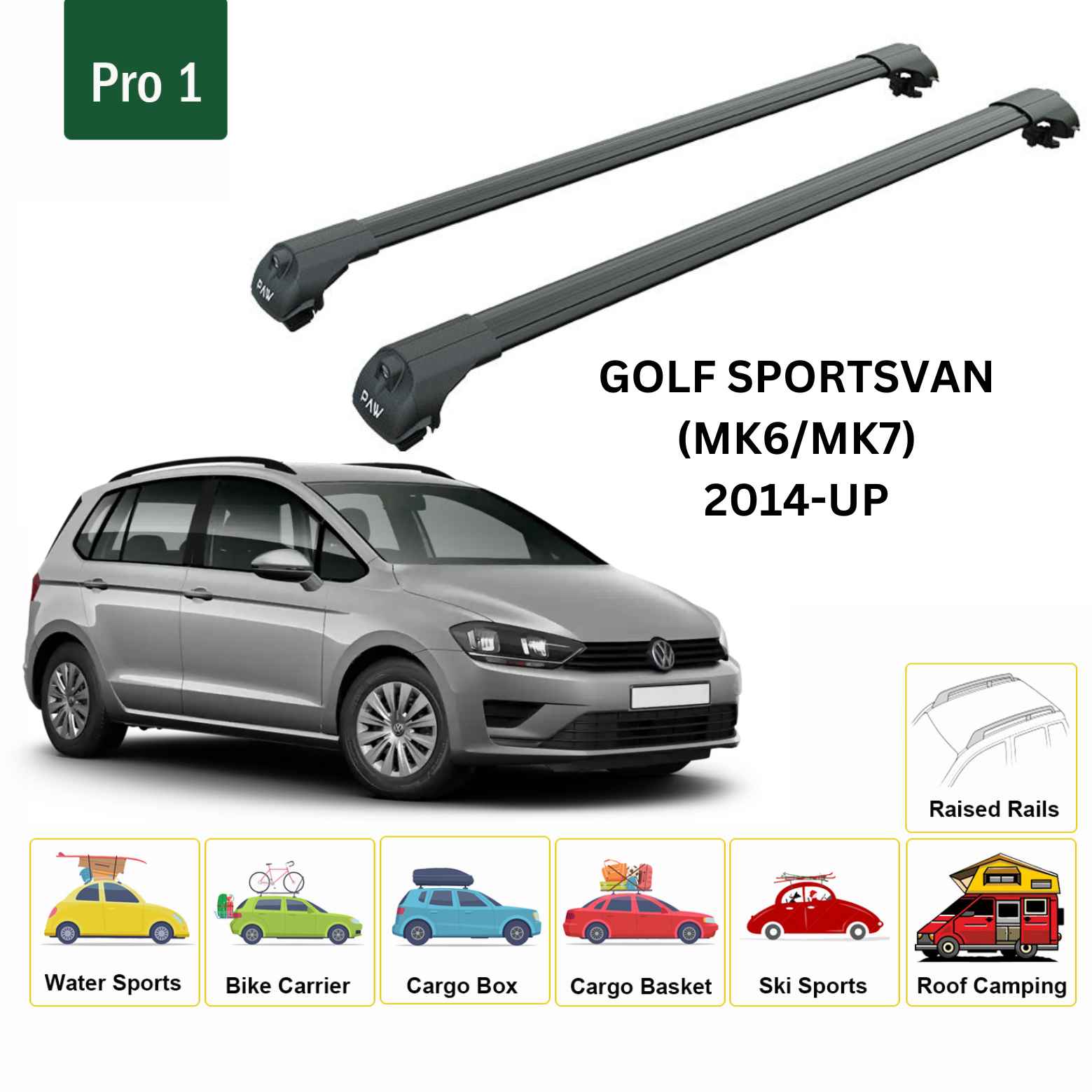 For Volkswagen Golf Sportsvan (MK6/MK7) 2014-Up Roof Rack Cross Bar Raised Rail Alu Black For Volkswagen Golf Sportsvan (MK6/MK7) 2014-Up Roof Rack Cross Bar Raised Rail Alu Black